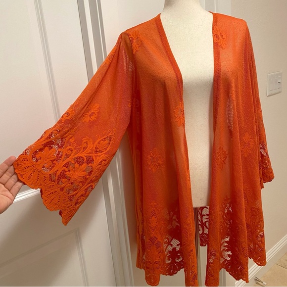Paper + Tee Sheer Mesh Kimono Open Front Scalloped Embroidered Lace Orange 1X - Picture 6 of 12